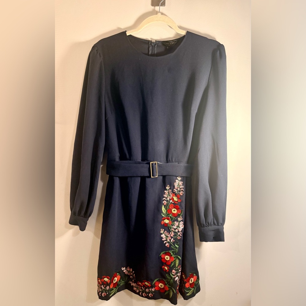 Ted Baker Navy Long Sleeved Dress with Floral Embroidery, Size 10 - Picture 5 of 14
